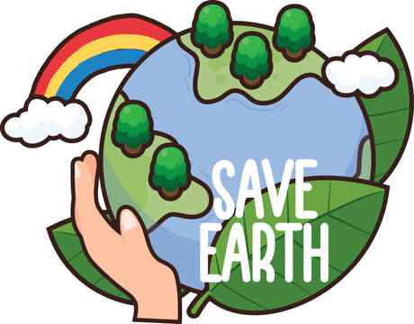 Hand cradles planet with green trees and rainbow