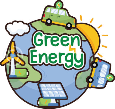 Bright cartoon globe shows green energy theme