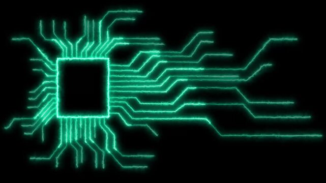 Neon circuit board technology background animation. Advanced semiconductor computing technology, powerful ai data processing seamless loop network concept