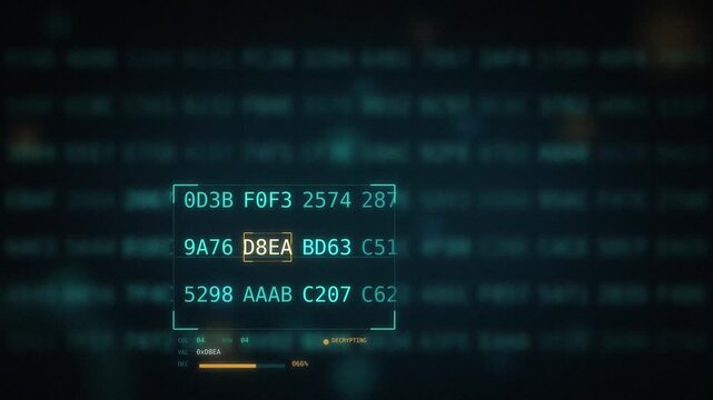 Cyber data matrix with sharp focus window decrypting hex code in shallow depth of field