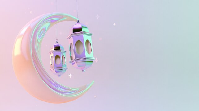 Glossy iridescent crescent moon with two hanging lanterns in soft pastel gradient for Ramadan and Eid greetings