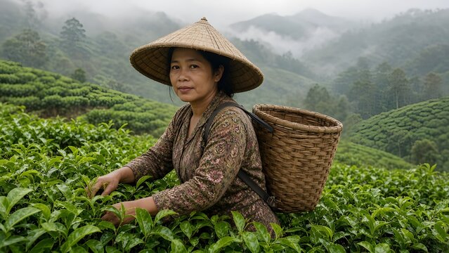 Woman Tea Picker in Bamboo Hat Harvesting Leaves on Java Plantation