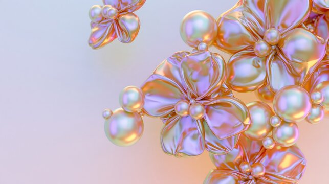 Glossy iridescent metallic flowers and pearls on a soft pastel gradient background with copy space on the left