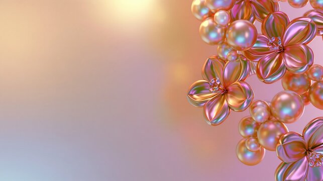Oversized glossy iridescent flowers with shiny pearl spheres in soft pink, lilac and gold tones on a light background