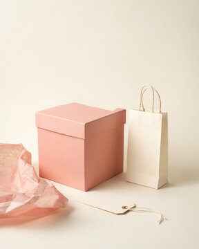 A pink gift box with a shopping bag and paper packaging on a soft neutral background