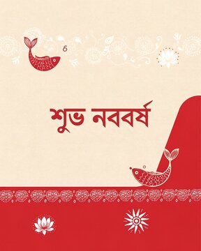 Bengali Happy New Year celebration greeting card design with traditional red and white ethnic motifs and fish patterns