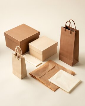 Collection of various brown kraft paper shopping bags and gift boxes for ecofriendly packaging design