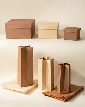 Collection of various ecofriendly brown paper gift boxes and shopping bags on a light background
