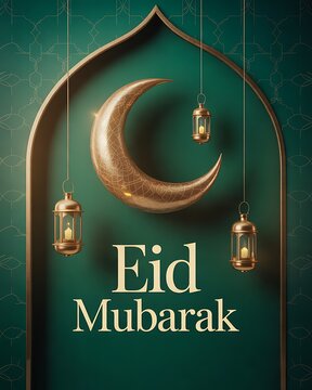 Decorative Islamic arch background with golden crescent moon and hanging lanterns for Eid Mubarak celebration greeting card