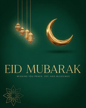Eid Mubarak greeting card with golden crescent moon and hanging lanterns