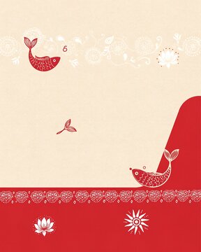 Decorative traditional indian style background featuring red fish and floral patterns