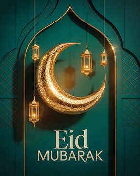 Golden crescent moon with hanging lanterns and elegant arch background for eid mubarak celebration greeting card