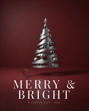 Minimalist silver ribbon Christmas tree decoration on a dark red background