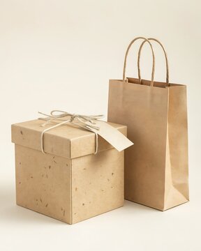 Square brown cardboard gift box with twine and matching shopping bag