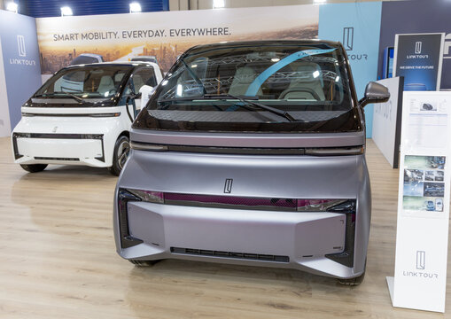 Athens, Greece &ndash; October 6, 2026: Linktour electric microcar on display at the brand's stand during the Auto Athina 2026 automotive exhibition at the Metropolitan Expo center