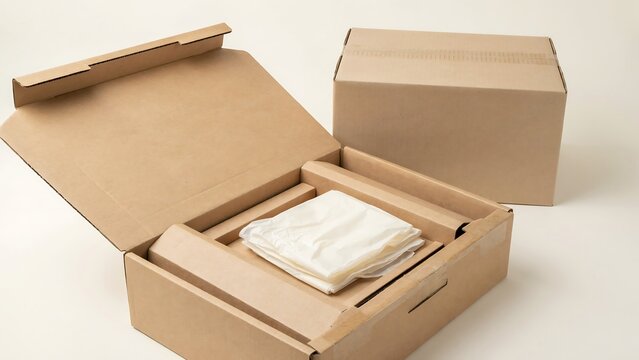 Two brown cardboard shipping boxes with one open displaying protective packaging inside