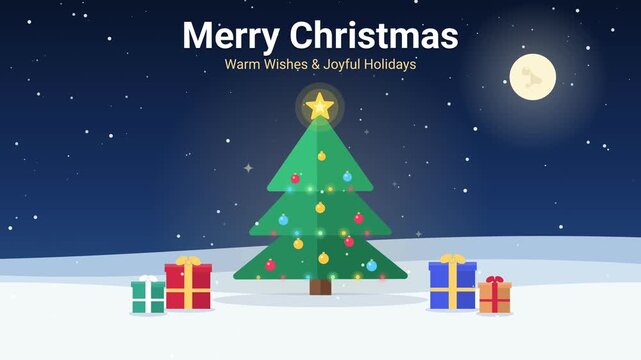 Animated flat vector Christmas tree with gift boxes, glowing lights and falling snow on a starry winter night, festive holiday motion graphics