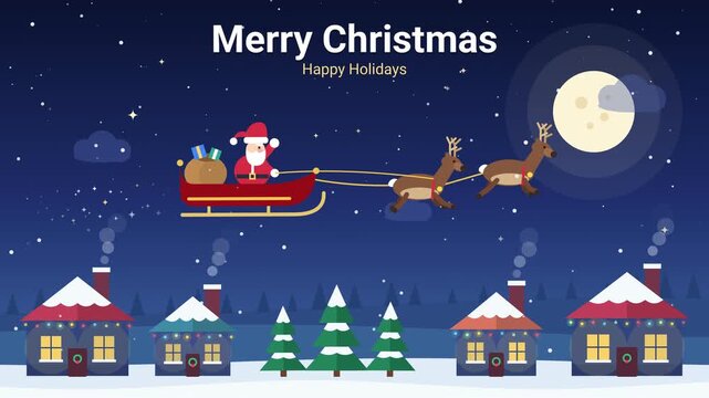 Animated flat vector Santa Claus flying in sleigh with reindeer over snowy rooftops, glowing houses, falling snow and moon on a starry Christmas night