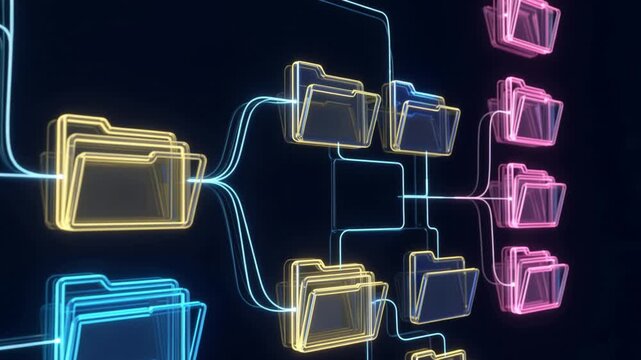 Digital file management interface featuring folder and directory icons, illustrating organized data storage, document archiving, cloud database systems, electronic filing, 4K video