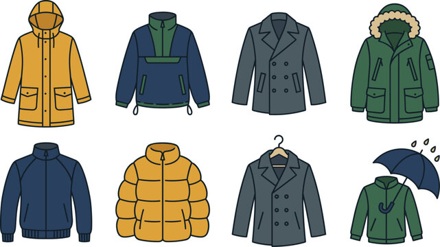Jackets and Coats Outerwear Fashion Icon Set Featuring Raincoat Winter Parka Puffer Jacket and Seasonal Wardrobe Symbols for Clothing Stores Apps Websites and Vector Graphic Designs