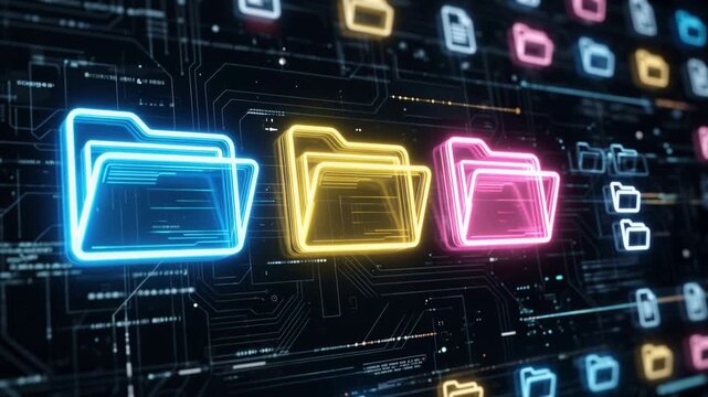 Digital file management interface featuring folder and directory icons, illustrating organized data storage, document archiving, cloud database systems, electronic filing, 4K video
