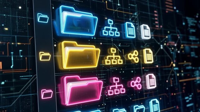 Digital file management interface featuring folder and directory icons, illustrating organized data storage, document archiving, cloud database systems, electronic filing, 4K video