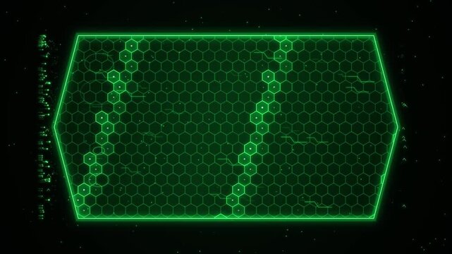 Green Hexagonal Digital Grid Abstract Cyber Background with Neon Light Frame