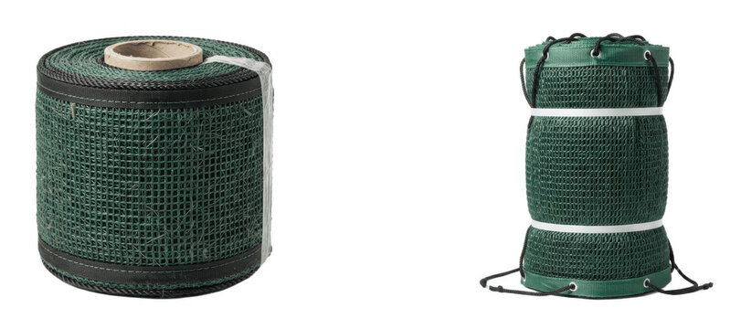 Green plastic mesh netting rolls with white core and straps for