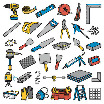 Ceiling Installer Tools Doodle Collection Isolated on White