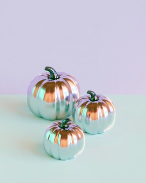 Three glossy chrome iridescent pumpkins in graduated sizes on a pastel mint surface with lavender background and copy space