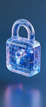 Glowing blue digital padlock with circuit patterns, cyber security theme