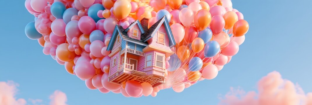 House suspended by balloons in soft sky