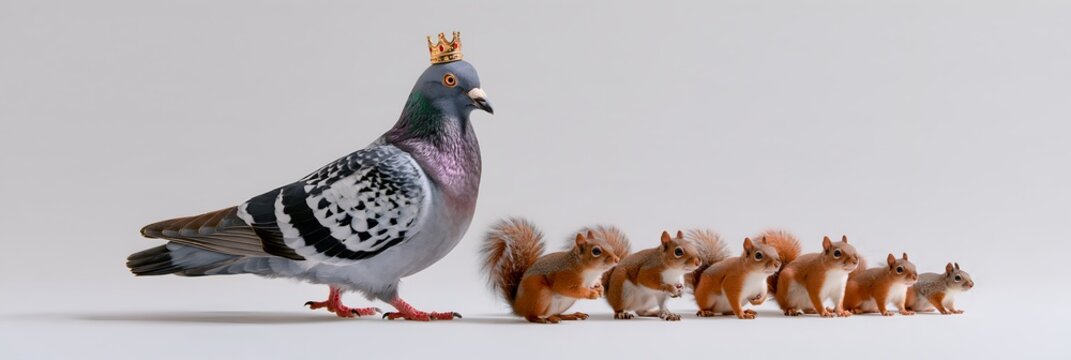 Pigeon wearing miniature crown walks with group of squirrels