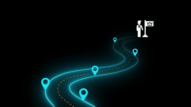 Animated business roadmap with location pins leading to successful career goal icon.