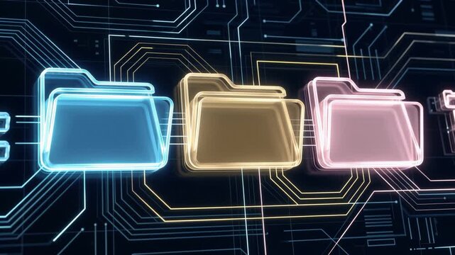 Digital file management interface featuring folder and directory icons, illustrating organized data storage, document archiving, cloud database systems, electronic filing, 4K video