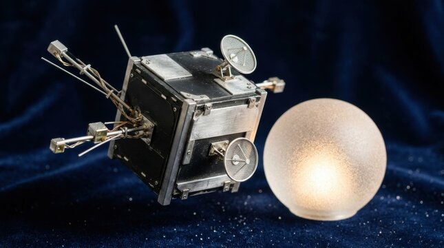 Miniature cubesat model with dual sensor booms and communication dishes floating beside an illuminated frosted glass globe against dark velvet.