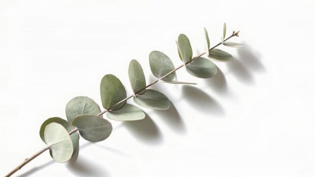 Minimalist eucalyptus branch with round green leaves casting soft shadows on white background