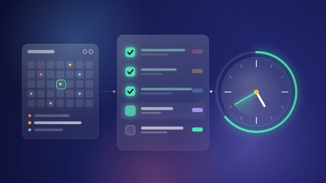Glowing glassmorphism UI widgets showing interactive task lists and a clock timer against a dark blue background