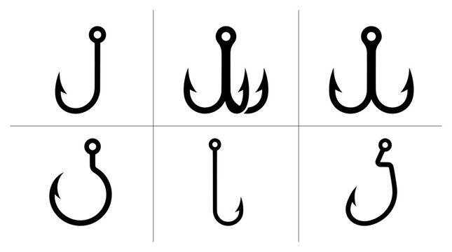 Fishing hook icons set with single, double and treble hooks for sport and tackle