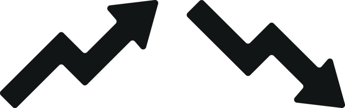 Black upward zigzag arrow and downward arrow icon representing financial market stock chart trends