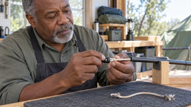 A repair technician gently tightens the fresh shock-cord knot at an original tent-pole end fitting while the supported tube and removed elastic stay beside it
