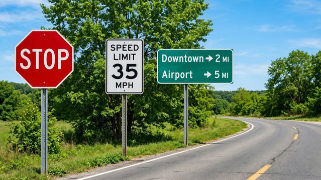 Roadside Traffic Signs Stop Speed Limit and Directional Sign on Rural Highway