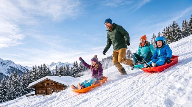 Joyful family sledding down a snowy mountain slope near a cozy cabin on a bright winter day