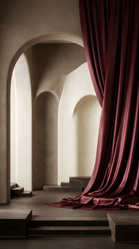 Elegant Architectural Archway Featuring Flowing Deep Burgundy Velvet Drapes in Minimalist Interior