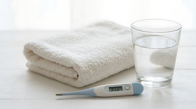 Digital thermometer showing fever temperature with white folded towel and glass of water on wooden table for medical care and health monitoring during illness at home in bright light