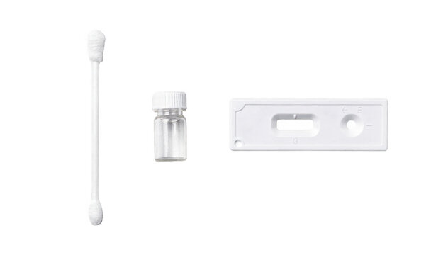 Stepwise layout of rapid strep test kit components including swab reagent bottle and test cassette arranged neatly on a clean white background for medical workflow visualization.