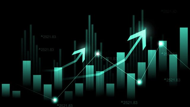 Dark abstract financial chart with glowing bar and line graph elements animation