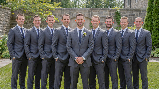 Handsome groom stands with groomsmen in matching grey suits at outdoor wedding venue. Confident groom and best man team pose together enjoying cheerful brotherhood during formal wedding party photosho