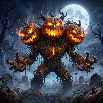 Three-Headed Halloween Pumpkin Demon Cartoon, Spooky Jack O Lantern Monster, Ultra Realistic 3D Fantasy Character
