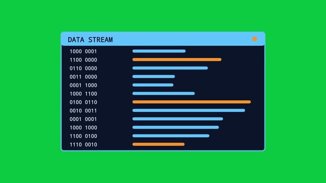 Data stream panel with scrolling binary code and bars on green screen
